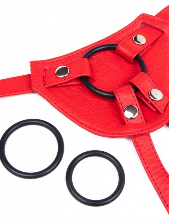 The Terra Firma Dildo Harness in red leather.